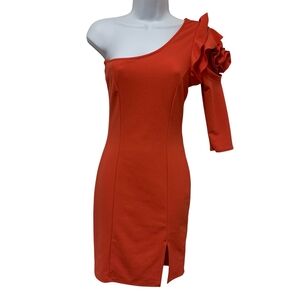 Women's Size S One Shoulder Bodycon Coral Dress  Floral Appliqué Yoyo5